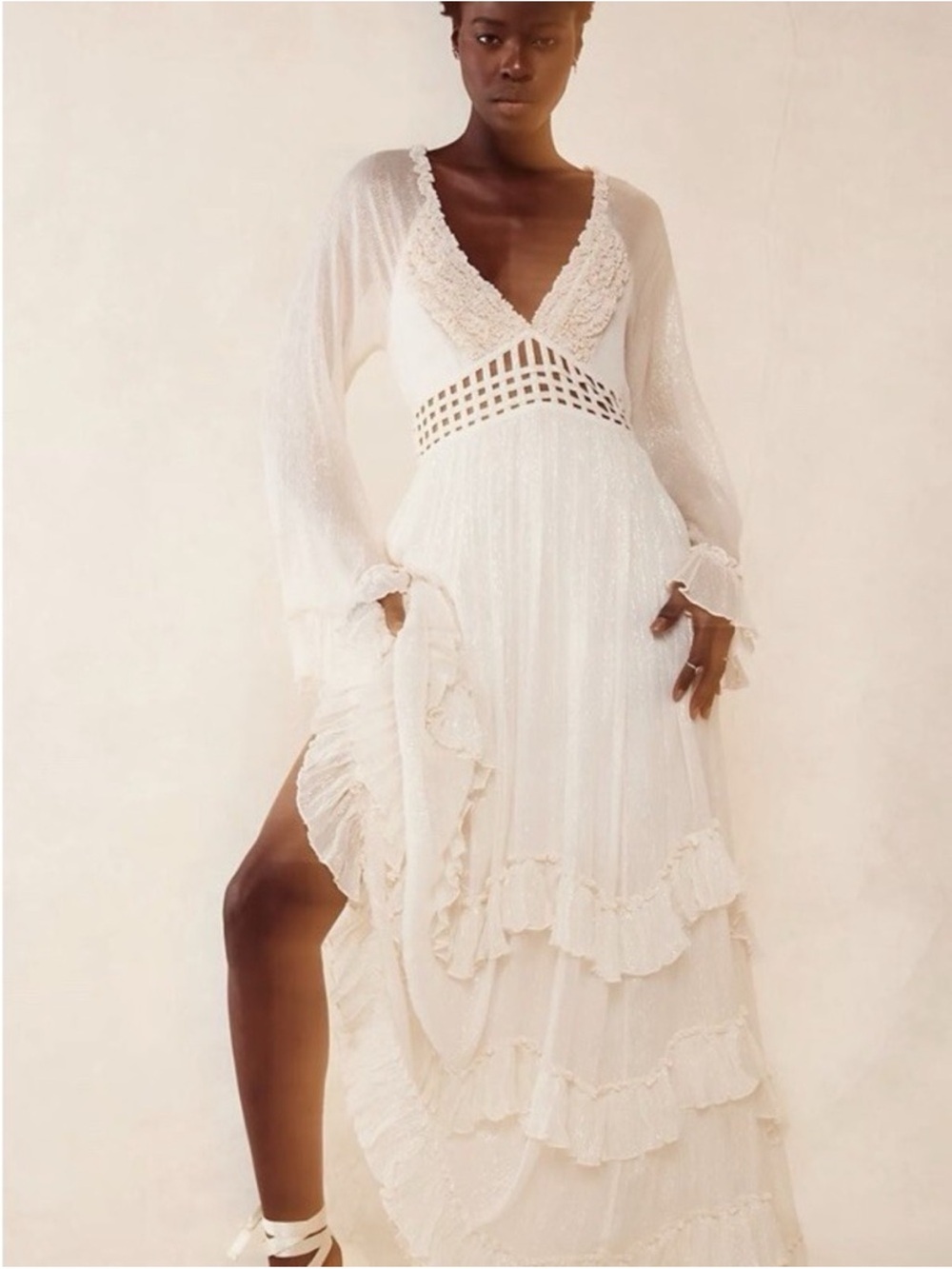 Free People Seraphina Metallic Ruffles Lattice Cutouts Maxi Dress